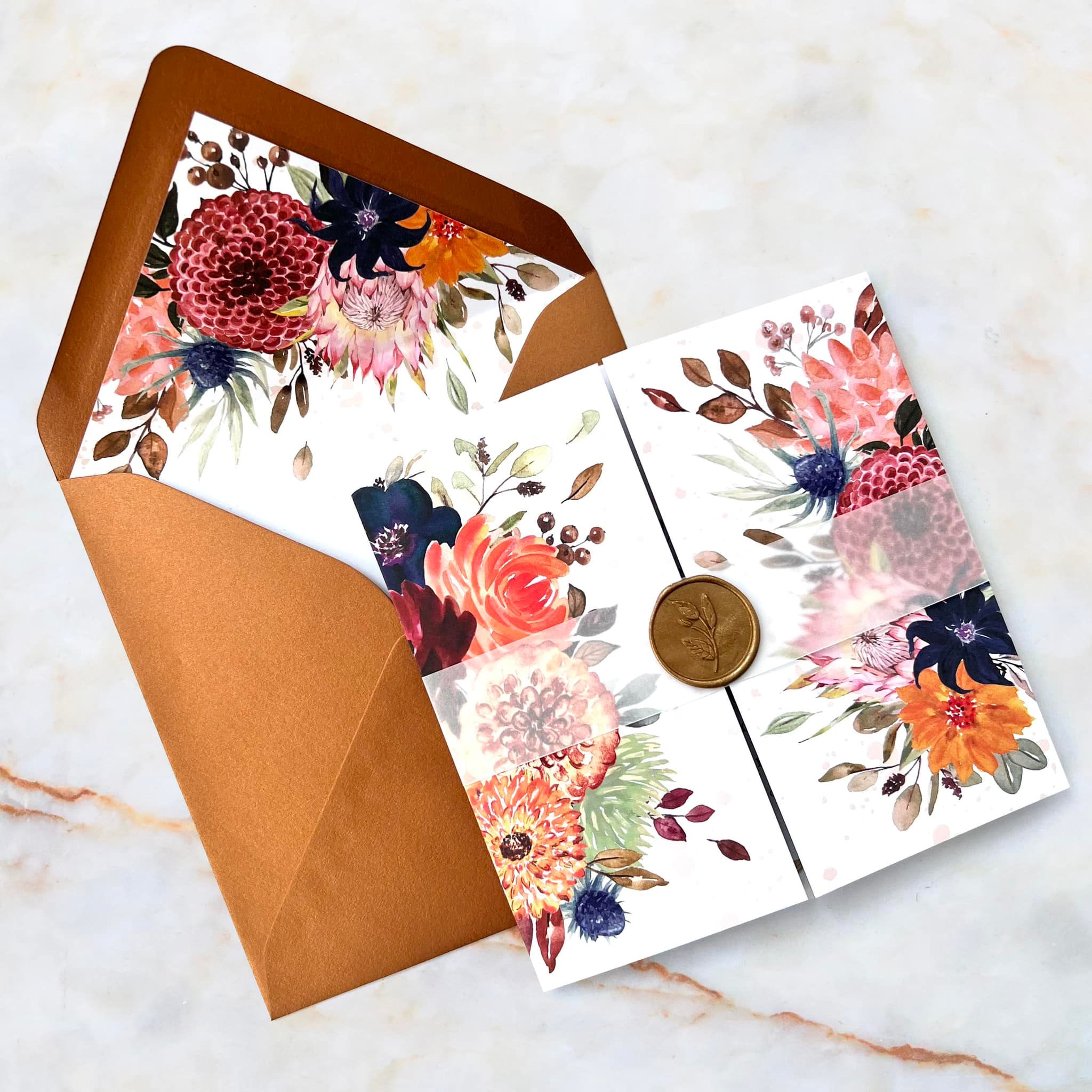 Autumnal floral gatefold invitation with printed envelope liners