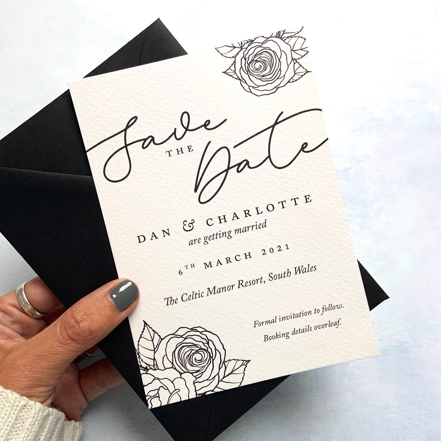 Monochrome floral flat Save the Date card