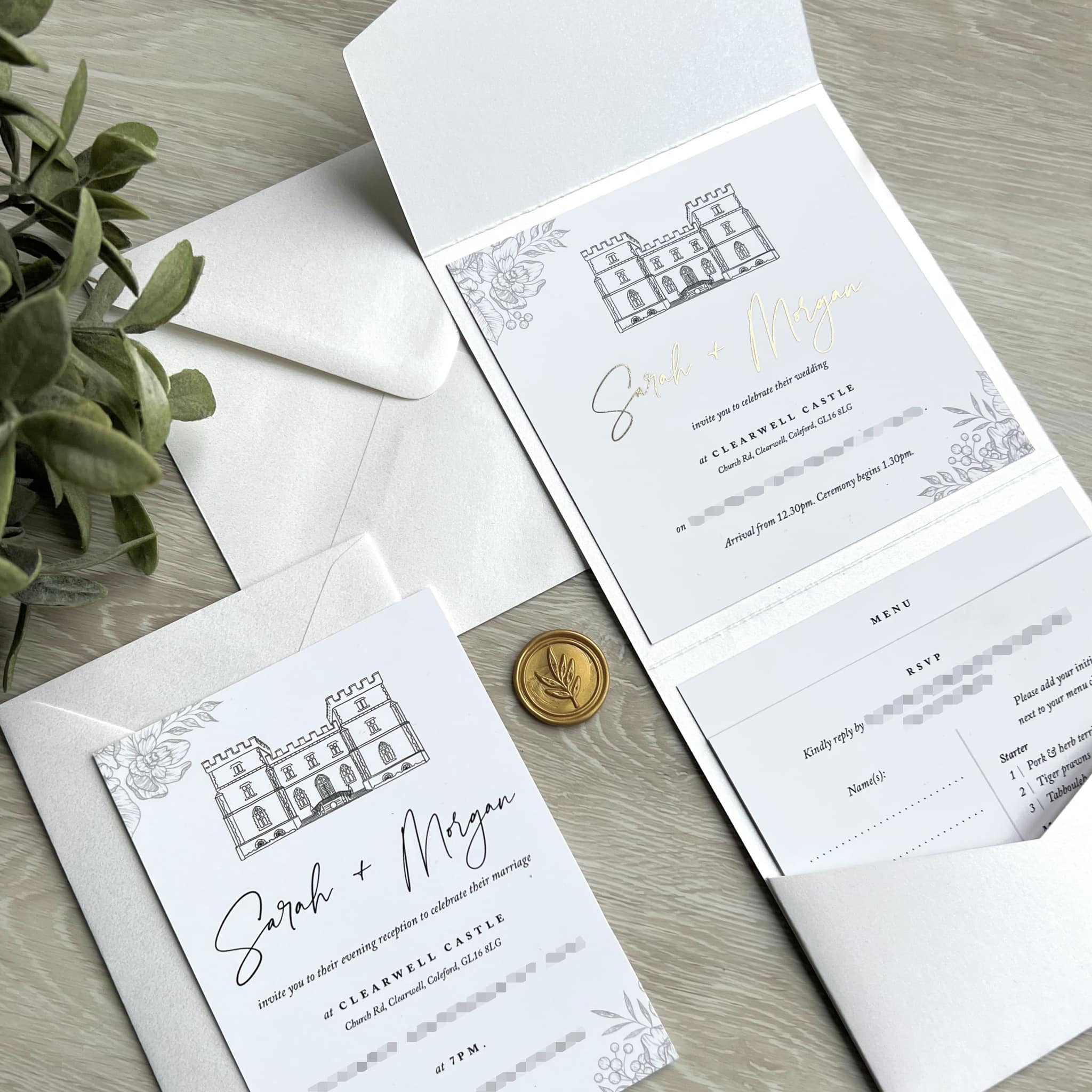 Pearlescent pocketfold invitation featuring a venue illustration of Clearwell Castle.