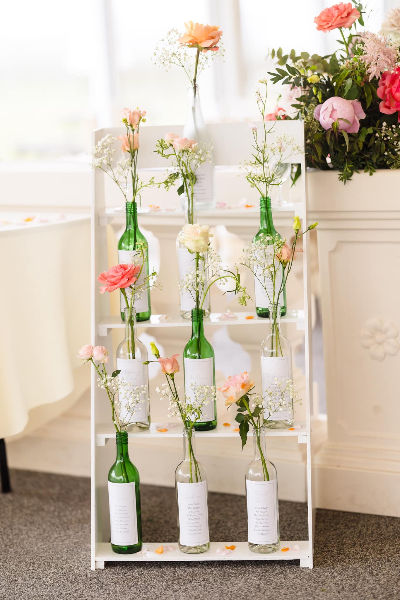 Wine bottle stickers for a wedding table plan display