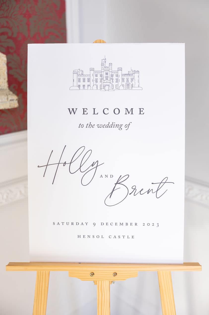 Welcome sign featuring a venue illustration of Hensol Castle.