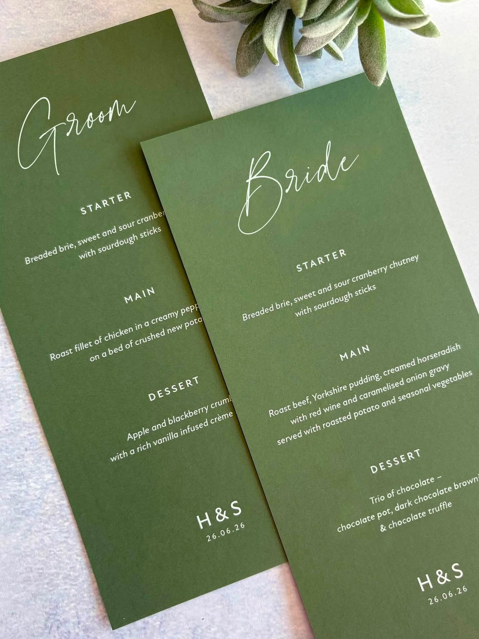 Green personalised wedding menus