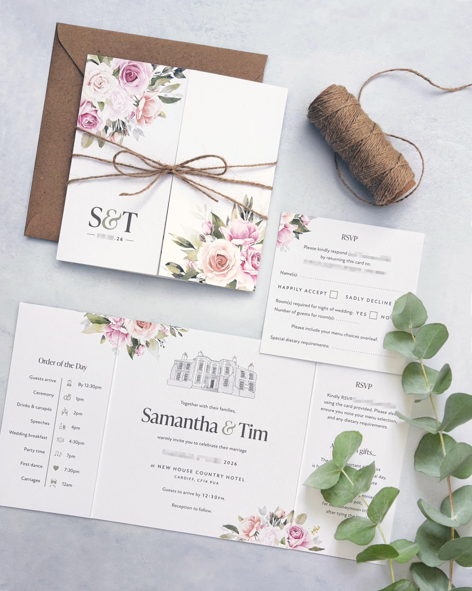 Pink and peach floral gatefold wedding invitation