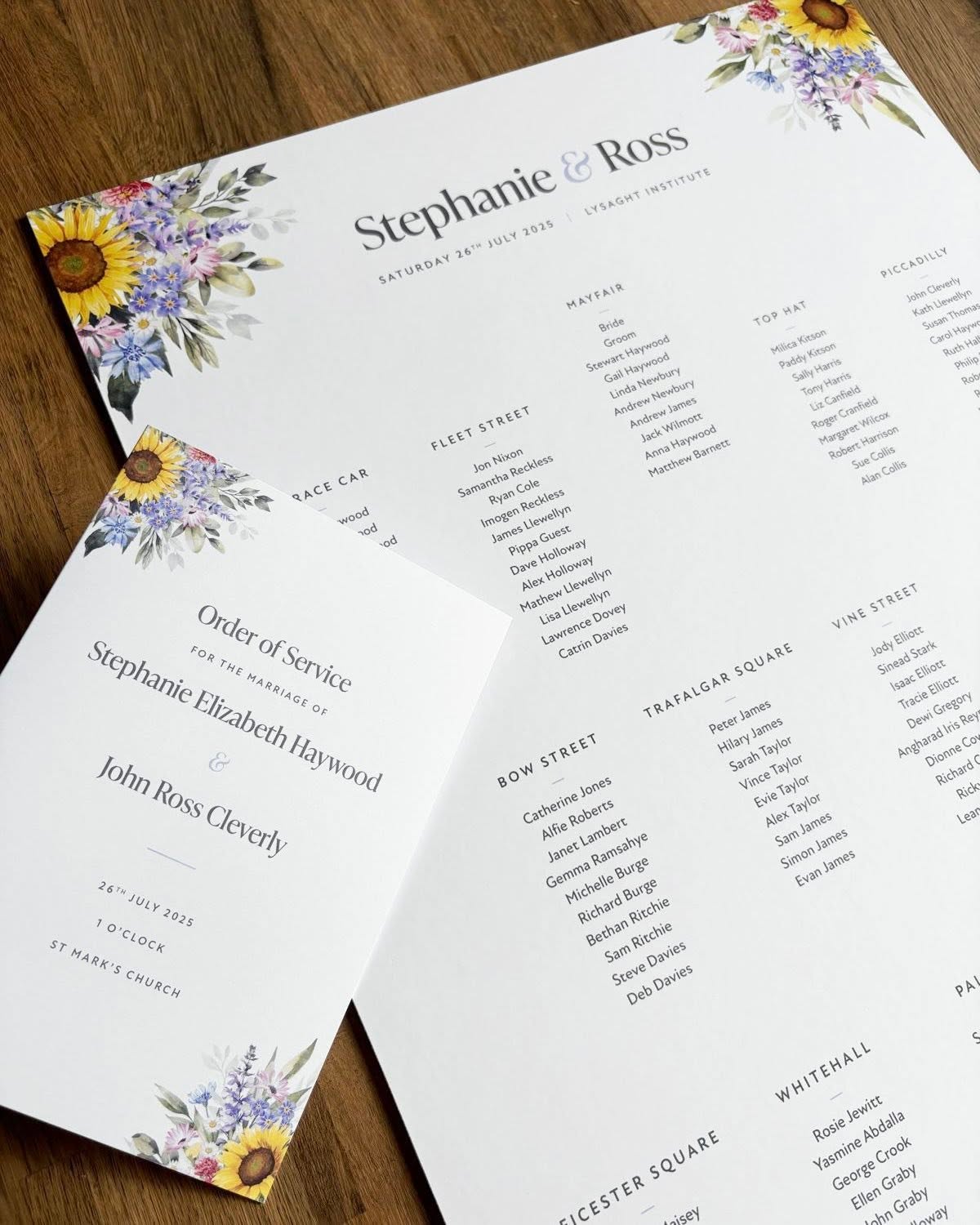 Bright floral wedding table plan and Order of Services