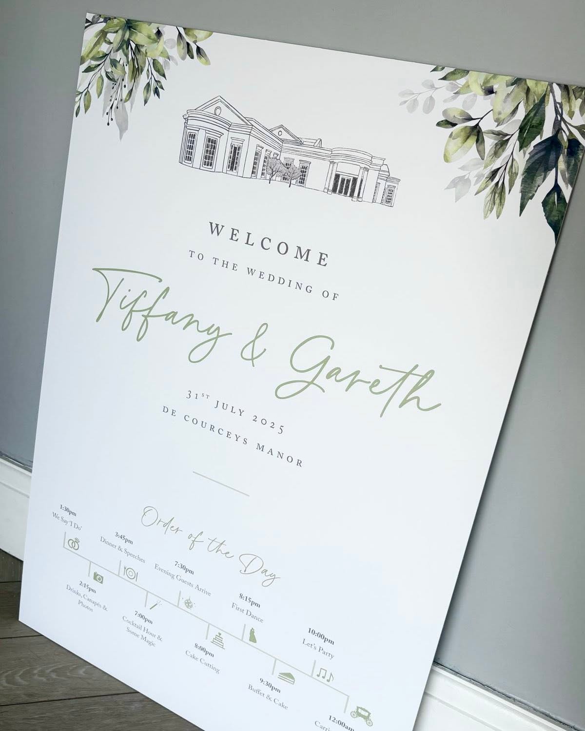 Wedding welcome sign with venue illustration