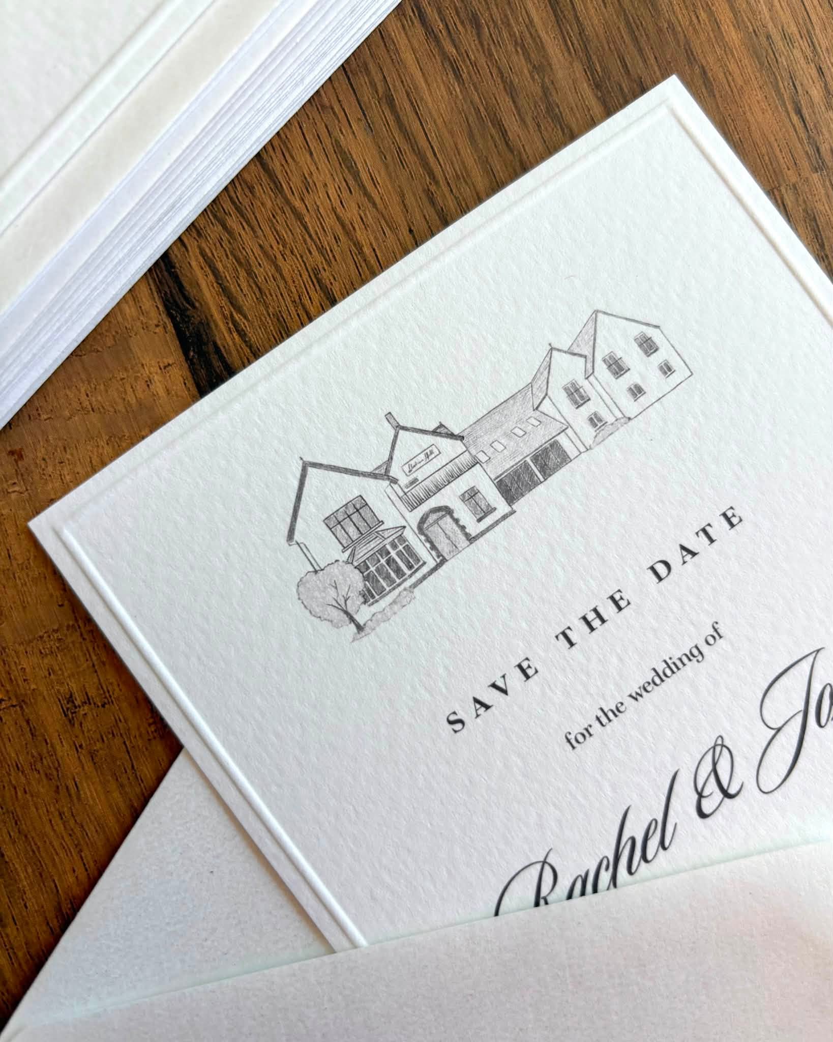 Save the Date with venue illustration and embossed borders